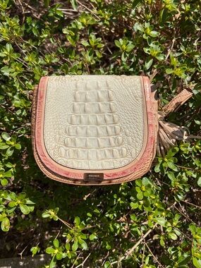 Brahmin Mini Sonny Cream &  Beige Croc-Embossed Leather Crossbody with Rose Trim